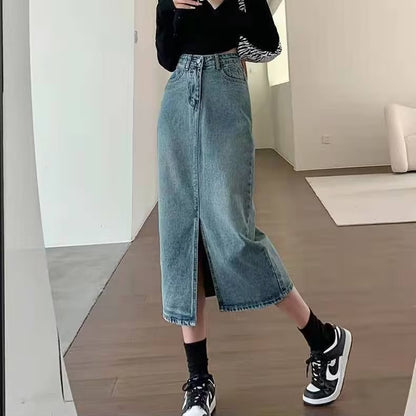 Professional High Waist Slit Denim Skirt - A-Line Slimming Hip-Covering (Mid-Length, Women's Design)