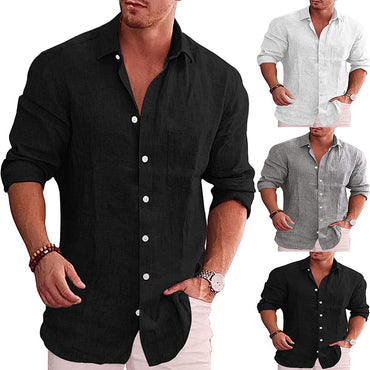 Cotton And Linen Ordinary Fit Type Lapel Solid Color Shirt