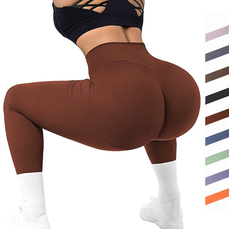 Sömlösa leggings med hög midja Trådade stickade fitnessbyxor Solida bantning för kvinnor Sport Yogabyxor Elastiska löpar-sportleggings