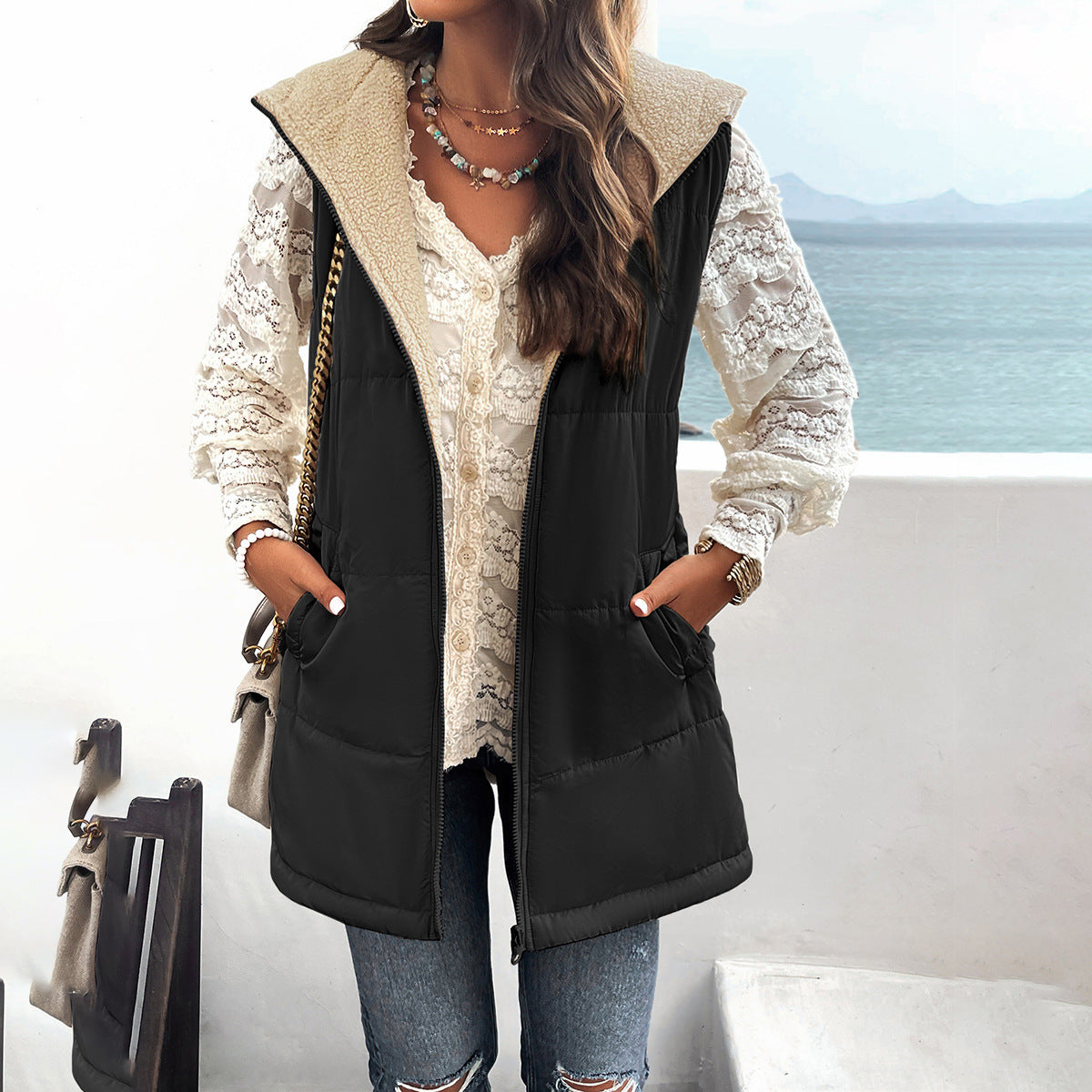 Winter Vest Women Loose Commuting Mid-length Hooded Cotton Jacket With Pockets Fashion Warm Zipper Fluffy Coat Outdoor Clothing