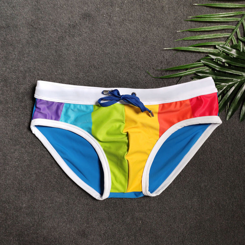 Slip de bain arc-en-ciel, Sexy, ajusté, couleur, couture, en Nylon épais, maillot de bain, Bikini pour hommes