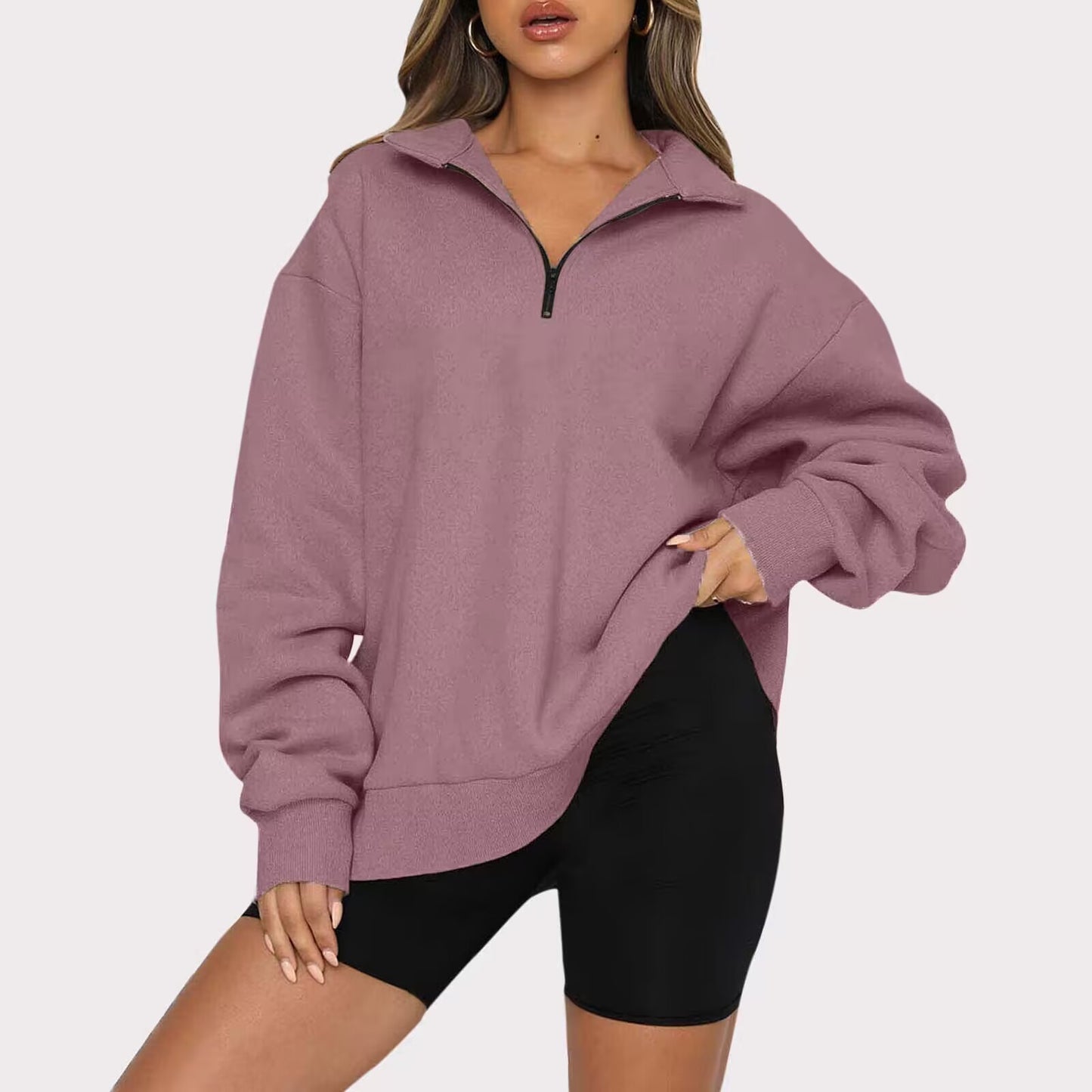 Dam sweatshirts Zip turndown krage Lösa Casual Tops Kläder