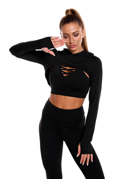 3 pièces costumes de sport à manches longues haut à capuche conception creuse camisole et bout à bout taille haute sans couture Fitness Leggings sport tenues de sport vêtements