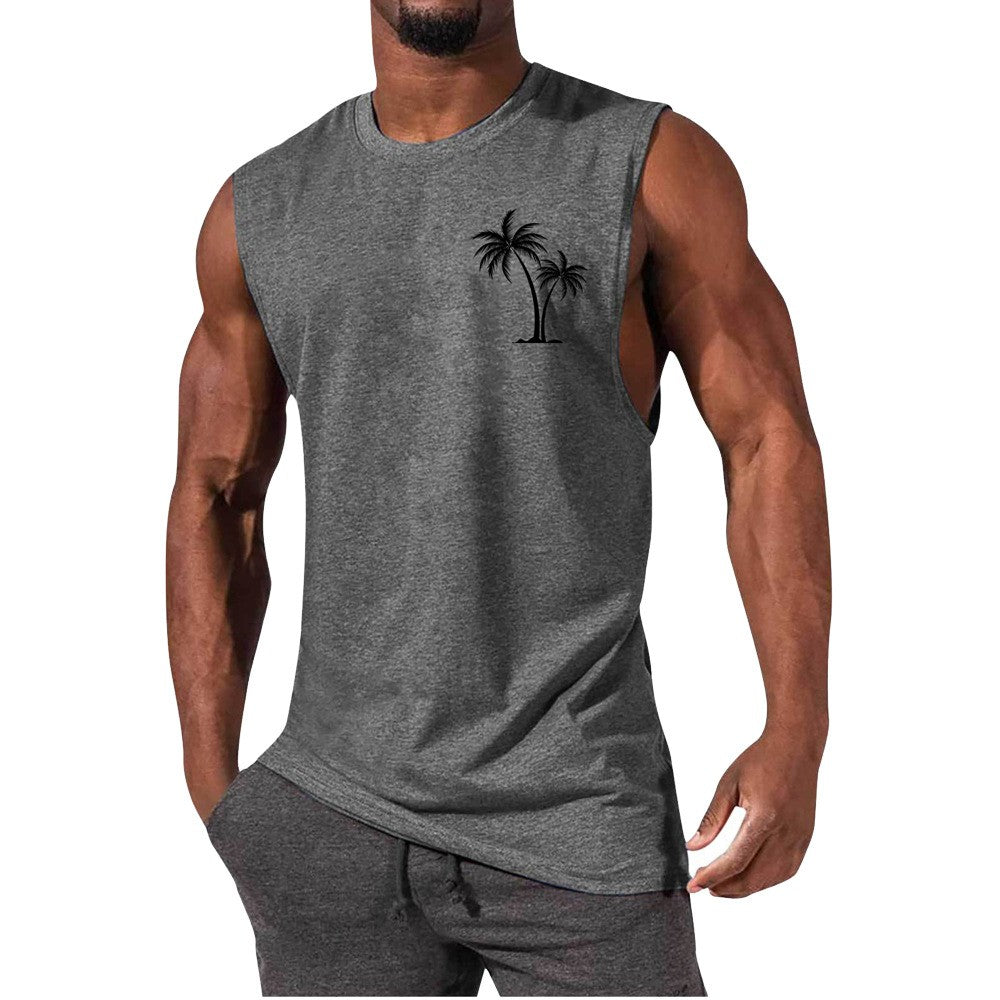 Coconut Tree Embroidery Vest Summer Beach Tank Tops Workout Muscle Men Sports Fitness T-shirt