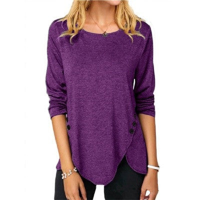 Spring And Summer Hot Style Irregular Button Hem Long Sleeve Round Neck T-shirt