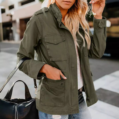 Women's Casual Fashion Solid Color Loose Zip Lapel Jacket
