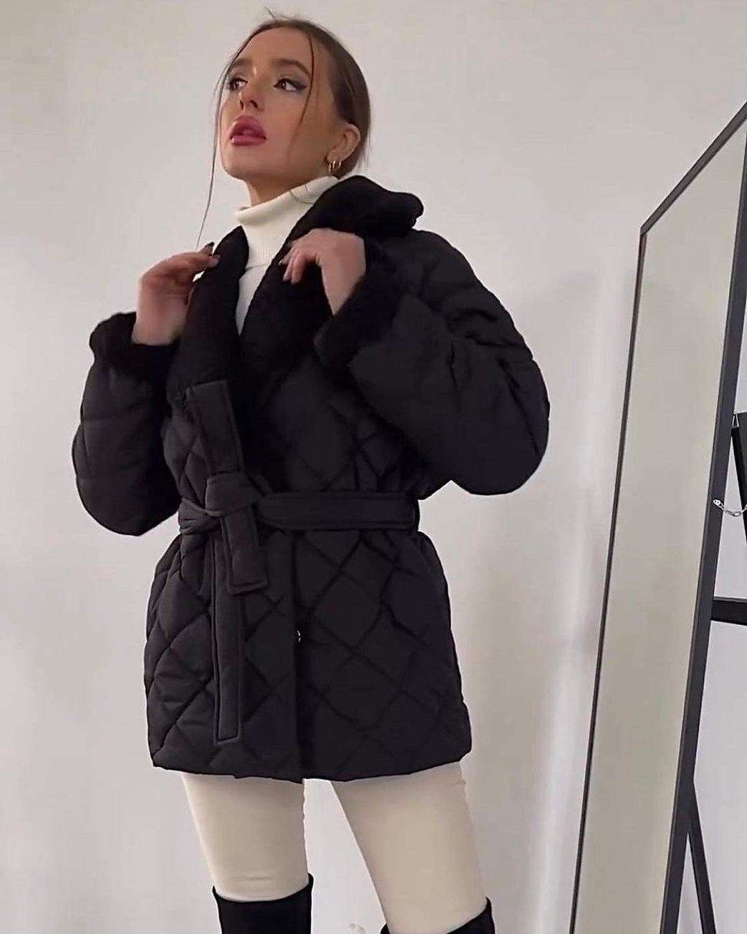 Winter Lapel Plaid Coat Fashion All-Match Waist-Tied Design Coat For Women Outwear Clothing