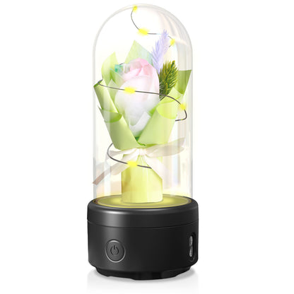 Bouquet créatif 2 en 1 avec lumière LED et haut-parleur Bluetooth, cadeau de fête des mères, veilleuse lumineuse Rose, ornement dans un couvercle en verre