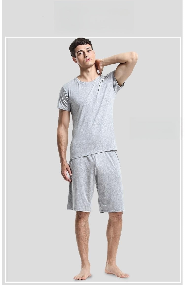 Home Wear Suit Men's Casual Round Neck Short Sleeves Shorts Solid Color Pajamas
