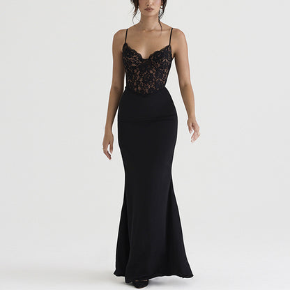 Lace High Waist Long Dress - Deep V Strap Fishtail Gown