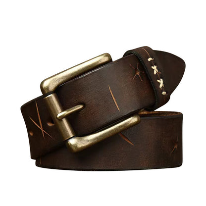 Men's Washed-Out Vintage First Layer Cow Leather Pin Buckle Jeans Belt - Authentic Character