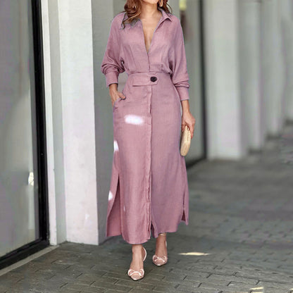 Women's Elegant Tied Solid Color Waisted Long-sleeved Shirt Dress