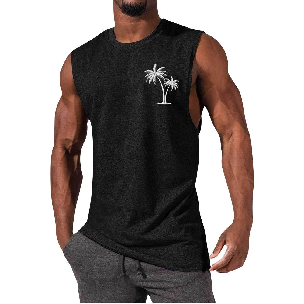 Gilet brodé de cocotier, débardeur de plage d'été, T-shirt d'entraînement musculaire pour hommes, T-shirt de sport et de Fitness