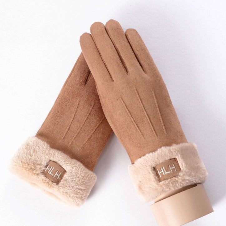 New Winter Female Lace Warm Cashmere Three Ribs Cute Bear Mittens Double thick Plush Wrist Women Touch Screen Driving Gloves 81C