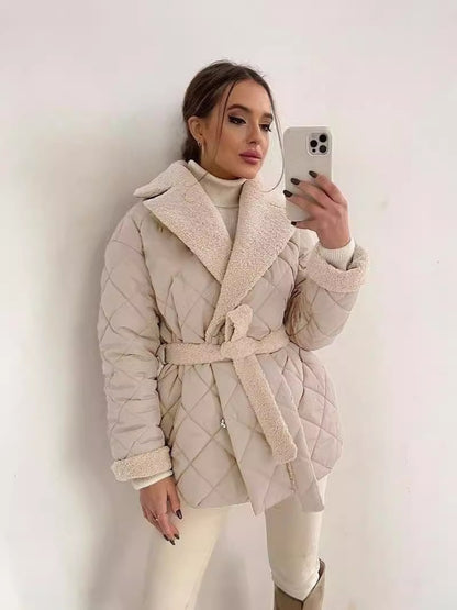 Winter Lapel Plaid Coat Fashion All-Match Waist-Tied Design Coat For Women Outwear Clothing