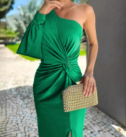 Women's Diagonal Shoulder Knot Split Solid Color Slim Fit Dress