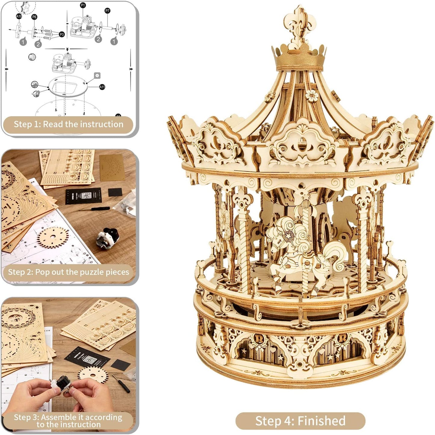 Robotime Rokr 3D Puzzles en bois Kit de modèle de construction DIY Boîte à musique Kits de construction rotatif - Carrousel romantique