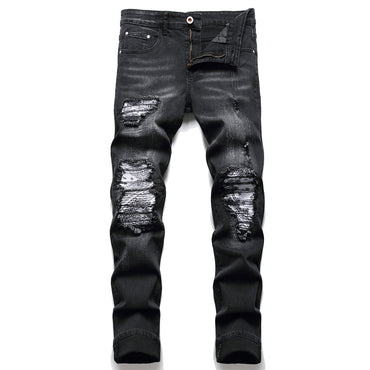 Men Biker Jeans Paisley Print Patch Casual Pants