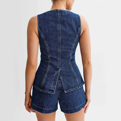 Fashion Denim Suit Summer Casual Sleeveless Button Vest Top And High Waist Shorts Set For Womens Clothing