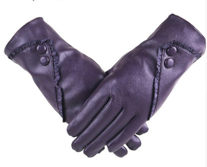 women  PU gloves with lace and button