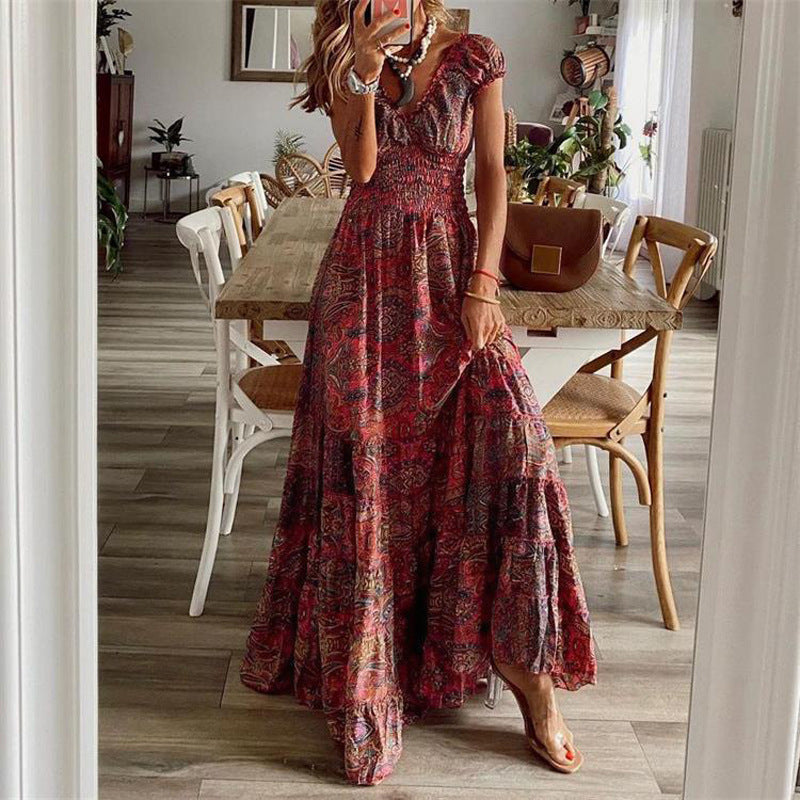 Summer Floral Print A-Line Dress  Women's Waist-Cinching  Mid-Length Dresses