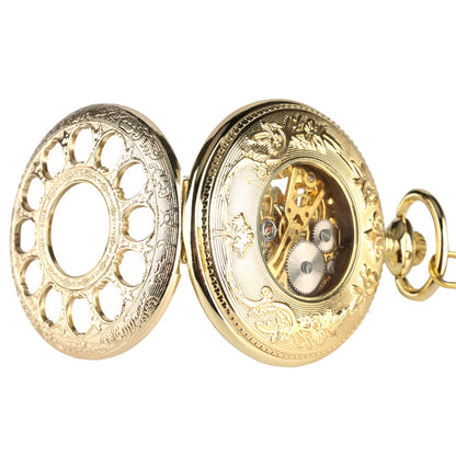 Fashionable Golden Roman Characters Hollow-out Petals Retro Mechanical Pocket Watch