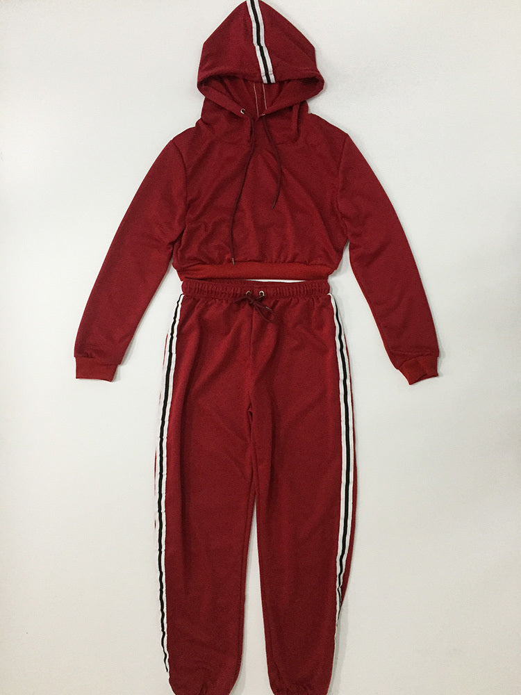 Cotton Sportswear Suit Short Hooded Sweatshirt and Straight Pants