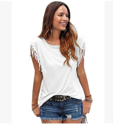 Wish quick sale eBay ladies Europe and America big size round neck short sleeve cuffs tassel T-shirt cotton tops