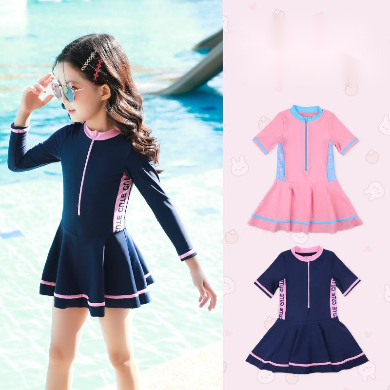 Girls' Color-blocking Sports And Leisure One-piece Skirt Swimsuit