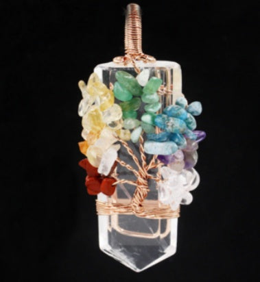 Collier pendentif à remontage arbre de vie colonne de cristal