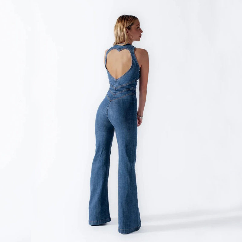 Combinaison en Denim pour femmes, Slim, en forme de cœur, dos nu, col licou, fermeture éclair, taille haute, vêtements de Style rétro, été