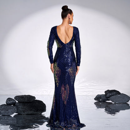 Long Sleeve Crew Neck Sequined Banquet Evening Dress - High Waist Hip Skirt - Extra Long Sleeves