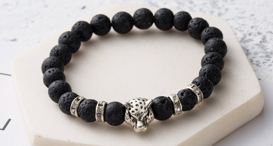 8mm Natural Stone Lava Stone Bead Bracelet For Men Leopard Head Leopard Pendant Charm Bracelet Handmade Jewelry