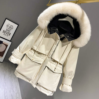 Fashion Hooded Faux Fur krage kvinnors kläder stora Pocket ner jacka Kvinnliga vinter rock Kvinna