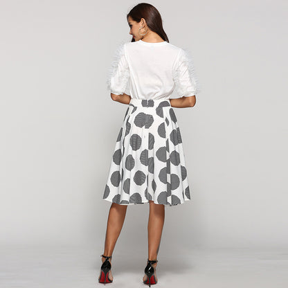 Large Polka Dot Round Slim Fit Mid-Length Skirt With Large Hem