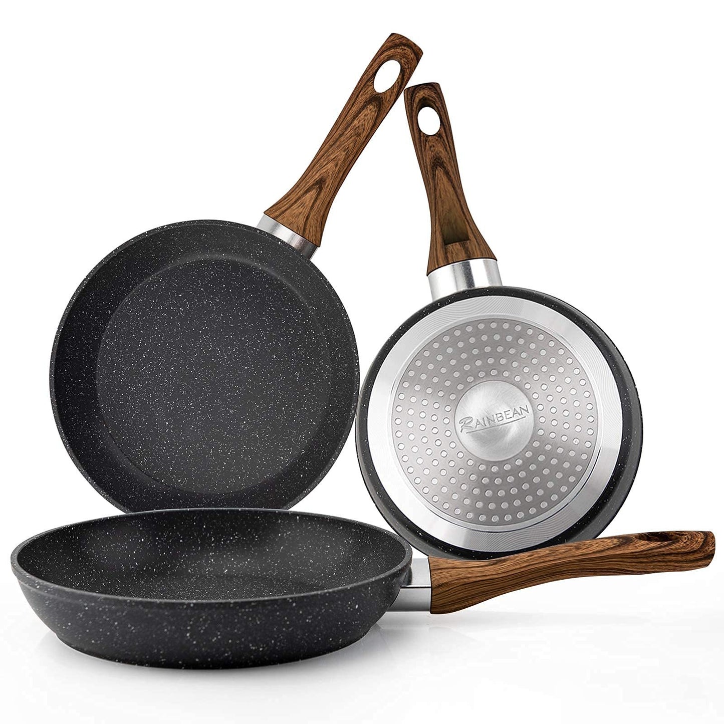 Stekpanna set 3-delad nonstick kastrull Woks kokkärl set, värmebeständig ergonomisk träeffekt bakelit handtag design, PFOA fri