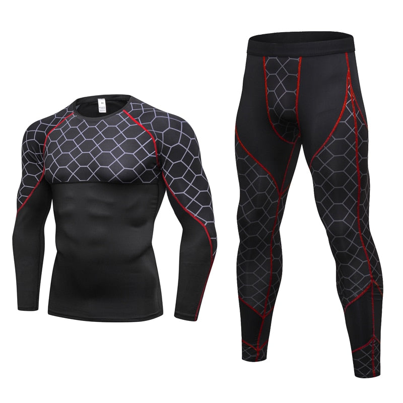 Costumes de jogging pour hommes Compression Run Vêtements de grille Ensemble de sport T-shirt long et pantalon Gym Fitness Collants d'entraînement Vêtements 2pcs Ensembles