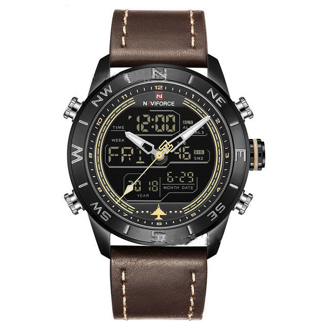 NAVIFORCE 9144 Fashion Guld Män Sport klockor Men LED Analog Digital Watch Army militär läder kvarts klocka Relogio Masculino