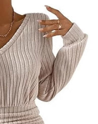 Solid Color And V-neck Long Sleeve Pleated Mini Short Dress