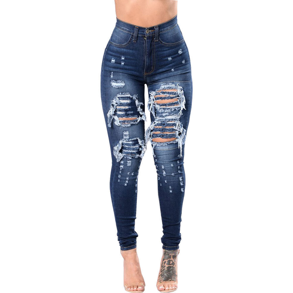 Kvinnors Ripped Denim Washed Denim Byxor