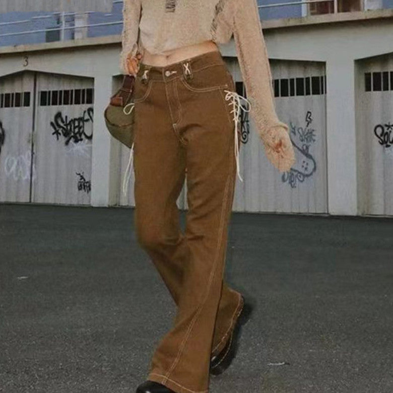 Retro American Low-waisted Tight Micro-flared Pants Girl