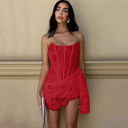 Robe de soirée en dentelle sans bretelles pour femmes, jupe Slim Sexy avec dos à lacets