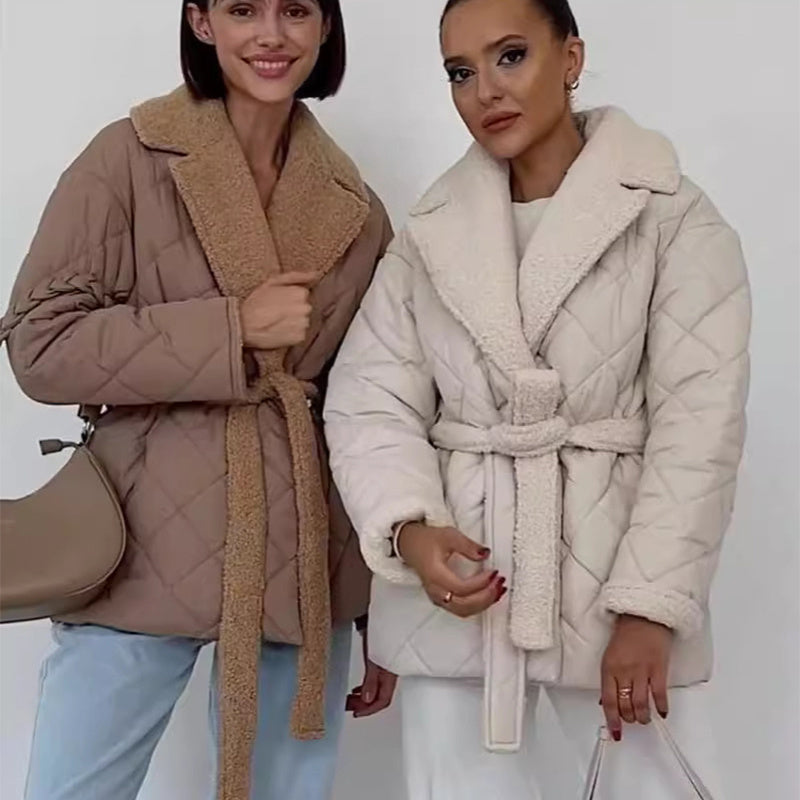 Winter Lapel Plaid Coat Fashion All-Match Waist-Tied Design Coat For Women Outwear Clothing