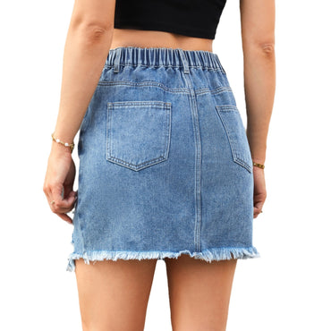 Professional Women's Washed Frayed Denim Skirt - A-Line Street Style (Blue, S-XXL, Short Length)