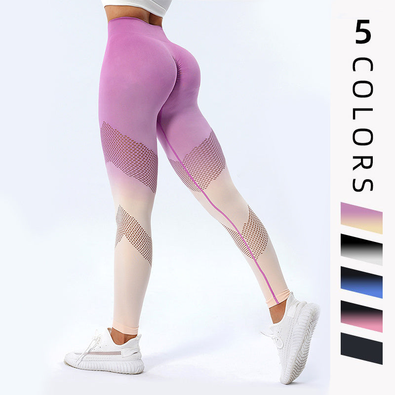 Ny ihålig design Gradienttryckt Yogabyxor Sömlösa hög midja Höftlyftande Fitness Leggings för kvinnor Snabbtorkande byxor