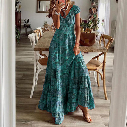 Summer Floral Print A-Line Dress  Women's Waist-Cinching  Mid-Length Dresses