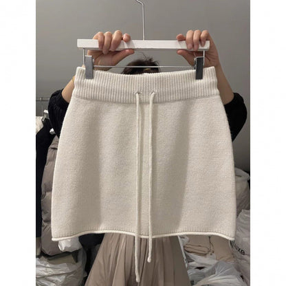 Professional Western Style Elastic Waistband Lace-Up Knitted Skirt - Urban Design (3 Colors, S-XL, Temperament Commute)