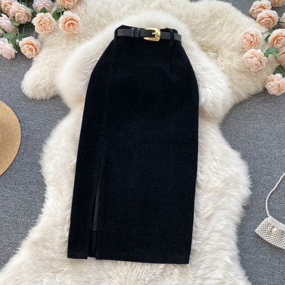 Professional A-Line Long Umbrella Skirt - High Waist Drawstring Leisure (Dark Gray/Black, XS-L, Straight Version)