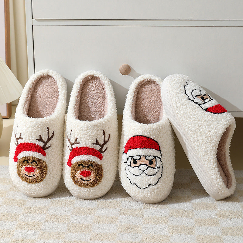 Pantoufles de noël en coton pour femmes et hommes, pantoufles de maison mignonnes de dessin animé du père noël, chaussures chaudes d'hiver en fourrure pour Couples