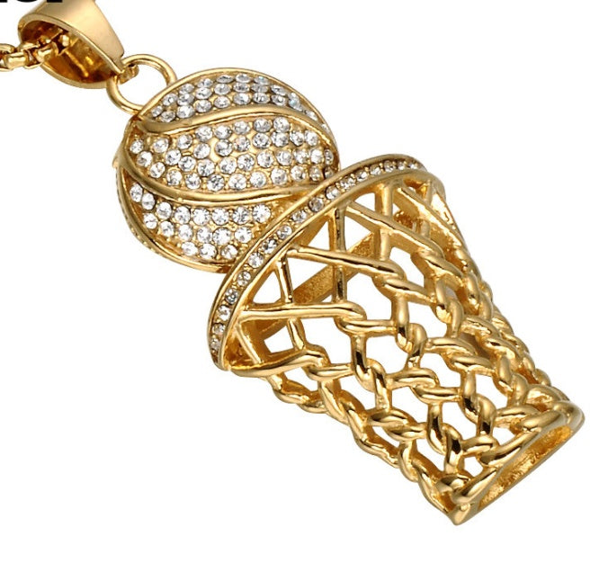 HIP Hop Bling Iced Out Gold Full Rhinestone Basketball Pendants Necklaces 316L Stainless Steel Sports Necklace for Men Jewelry